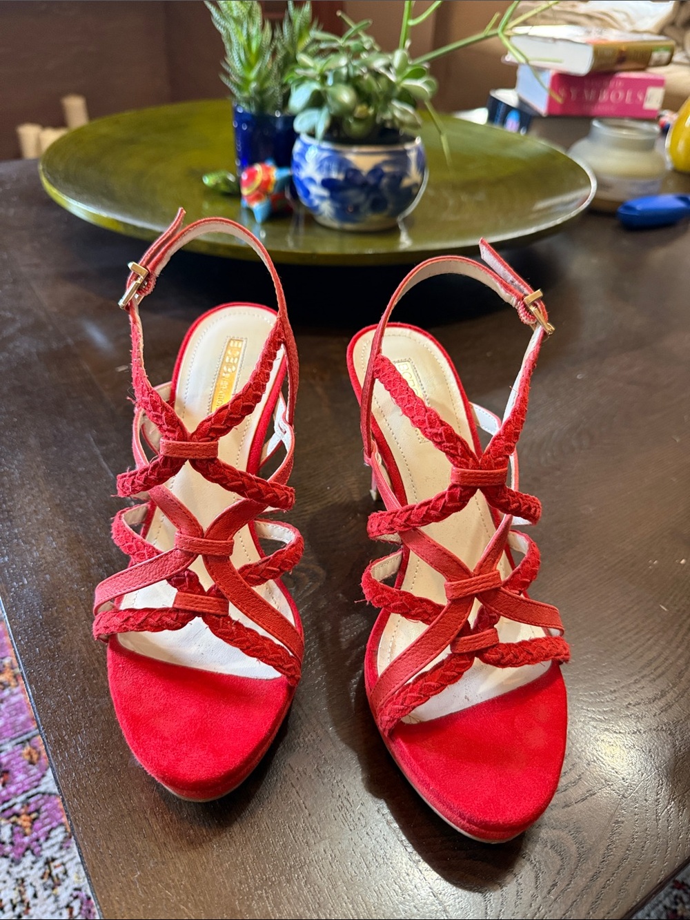 BCBGeneration Red Braided-Strap Stiletto Sandals